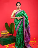 Handwoven Silk Ikat Saree – Green with Purple Border | Odisha Bandha | 100% Pure Silk
