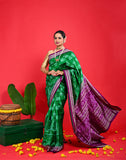 Handwoven Silk Ikat Saree – Green with Purple Border | Odisha Bandha | 100% Pure Silk