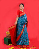 Handwoven Half Tissue Silk Bandha Saree – Blue with Red Border & Pallu, Ikat Weave