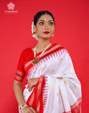 Bomkai Silk Saree – White with Red Border | Odisha Extra‑Weft | 100% Pure Silk
