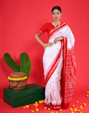 Bomkai Silk Saree – White with Red Border | Odisha Extra‑Weft | 100% Pure Silk