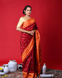 Bomkai Silk Saree – Maroon with Orange Border & Pallu, 100% Pure Silk
