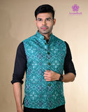Cotton Bundi Jacket – Teal Ikat Motifs | 100% Cotton | Mandarin Collar