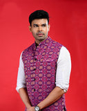 Handwoven Cotton Bundi Jacket – Magenta Nehru Style with Traditional Motifs