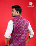 Handwoven Cotton Bundi Jacket – Magenta Nehru Style with Traditional Motifs