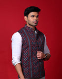 Handwoven Cotton Bundi Jacket — Maroon‑Black Traditional Motifs, Sleeveless, Button Closure