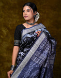 Handwoven Bandha Silk Saree — Black & White, 100% Pure Silk, Festive & Formal