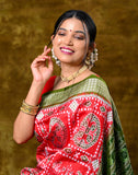 Bandha Silk Saree — Red with Green Border & Pallu, 100% Pure Silk