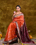 Handwoven Bandha Silk Saree — Orange‑Red with Maroon Border & Pallu, 100% Pure Silk