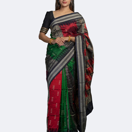 Red & Green Mulberry Silk Odisha Bomkai Patli Saree - Full drape view