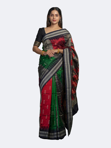 Red & Green Mulberry Silk Odisha Bomkai Patli Saree - Full drape view