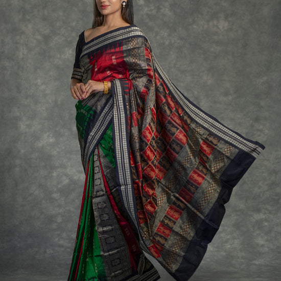 Red & Green Mulberry Silk Odisha Bomkai Patli Saree - Fabric texture and drape