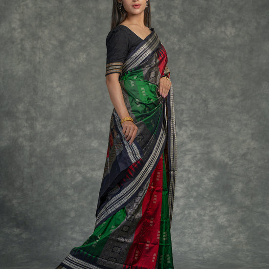 Red & Green Mulberry Silk Odisha Bomkai Patli Saree - Border and weave close-up