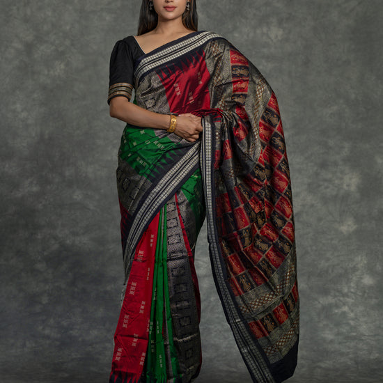 Red & Green Mulberry Silk Odisha Bomkai Patli Saree - Pallu and anchal detail