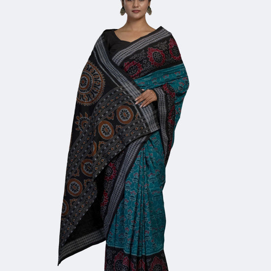 Turquoise Blue Sambalpuri Cotton Ikat Saree - Full drape view