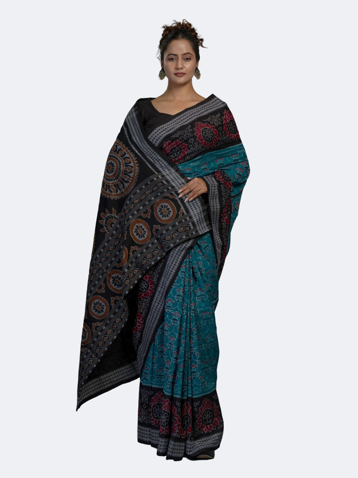 Turquoise Blue Sambalpuri Cotton Ikat Saree - Full drape view