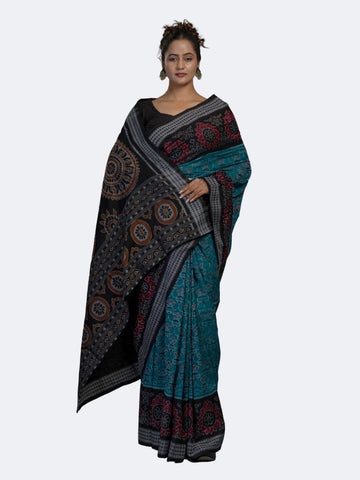 Turquoise Blue Sambalpuri Cotton Ikat Saree - Full drape view