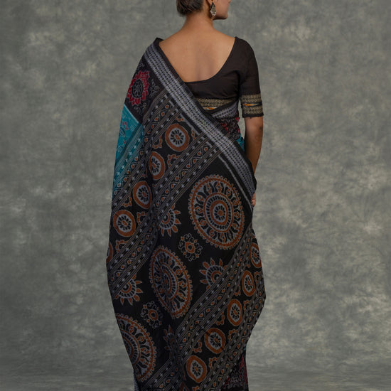 Turquoise Blue Sambalpuri Cotton Ikat Saree - Fabric texture and drape