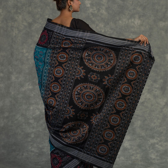 Turquoise Blue Sambalpuri Cotton Ikat Saree - Body motifs and craftsmanship