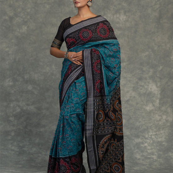 Turquoise Blue Sambalpuri Cotton Ikat Saree - Border and weave close-up