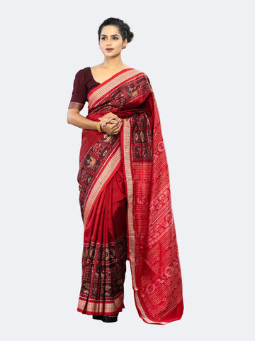 Rich Red Pure Mulberry Silk Handwoven Single Luxury Ikat Saree | Odisha Handloom