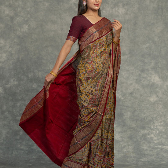 Mustard & Olive Sambalpuri Cotton Ikat Saree - Fabric texture and drape