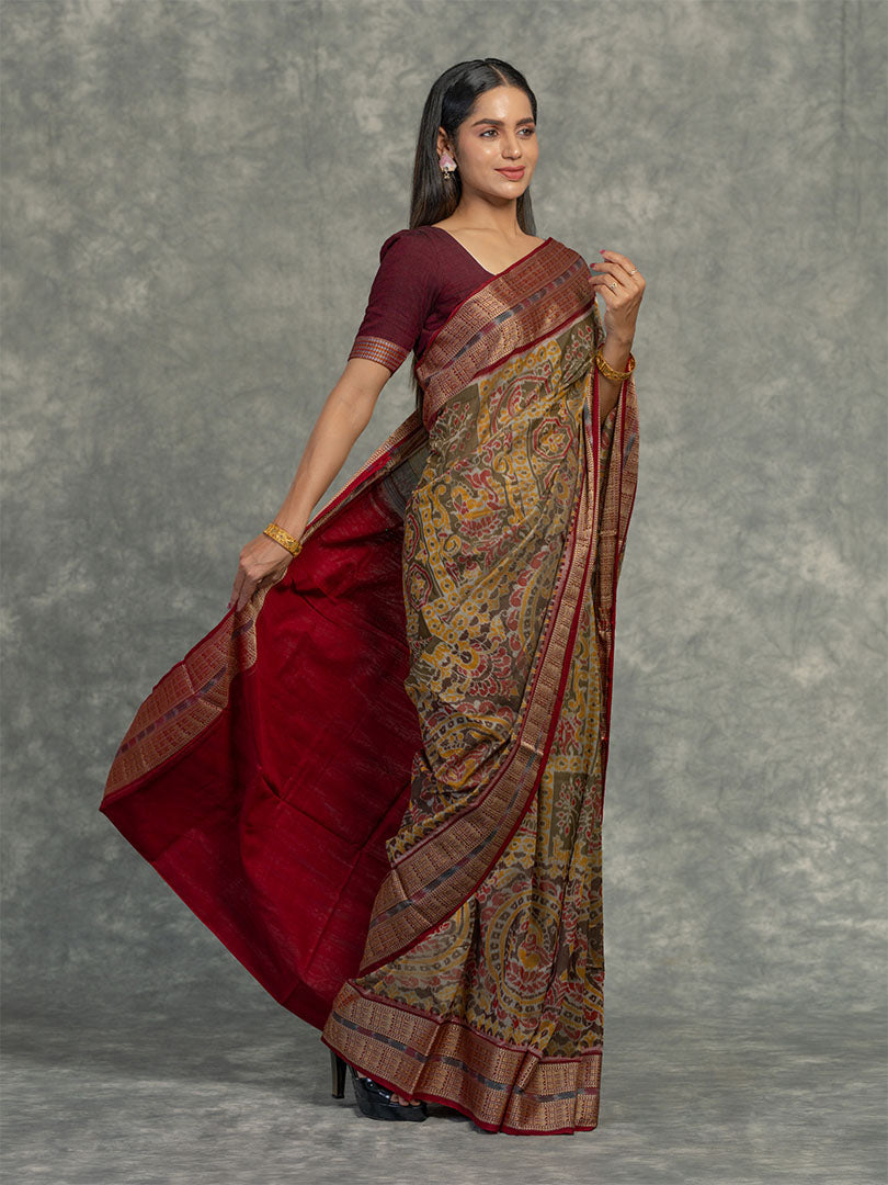Mustard & Olive Sambalpuri Cotton Ikat Saree - Fabric texture and drape