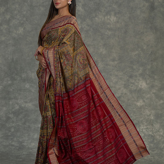 Mustard & Olive Sambalpuri Cotton Ikat Saree - Body motifs and craftsmanship