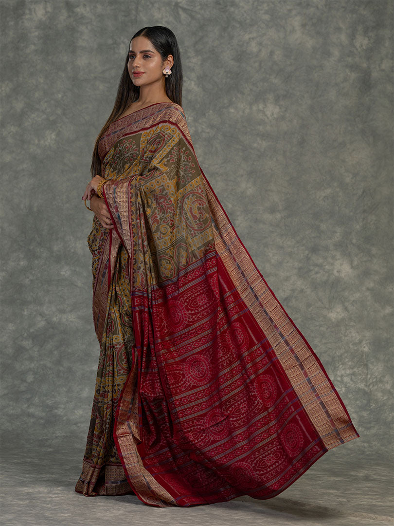 Mustard & Olive Sambalpuri Cotton Ikat Saree - Body motifs and craftsmanship