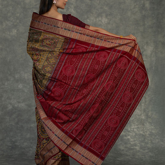 Mustard & Olive Sambalpuri Cotton Ikat Saree - Border and weave close-up