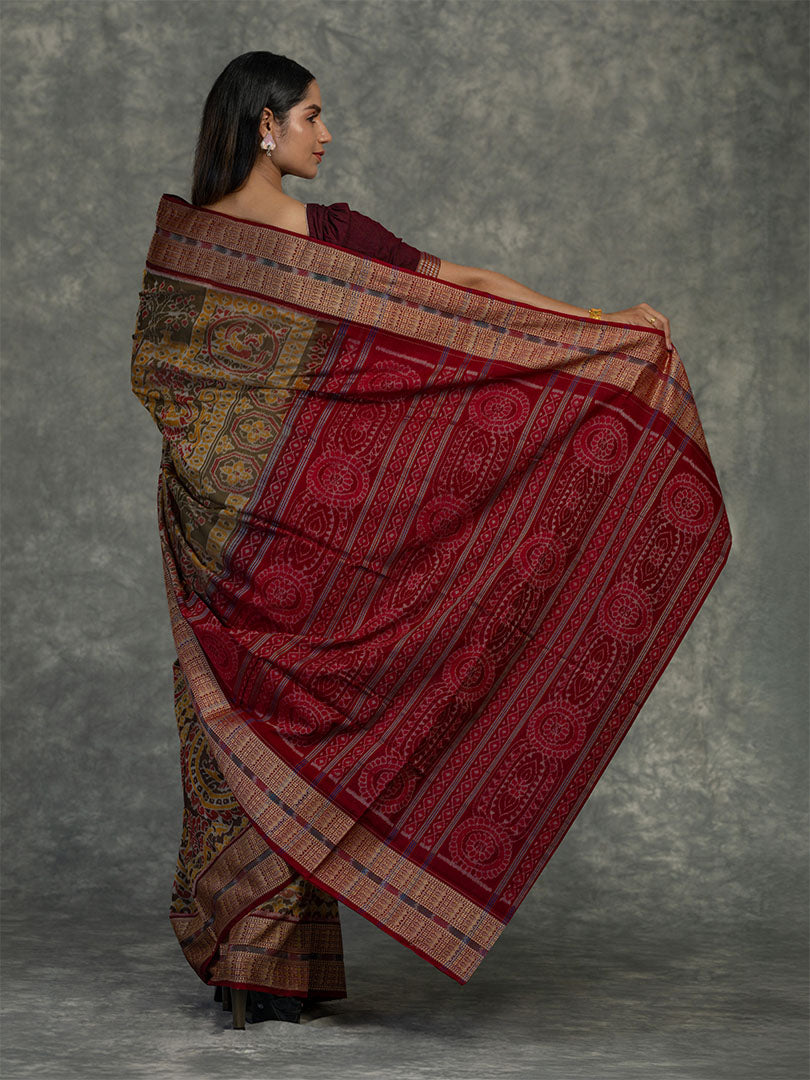 Mustard & Olive Sambalpuri Cotton Ikat Saree - Border and weave close-up