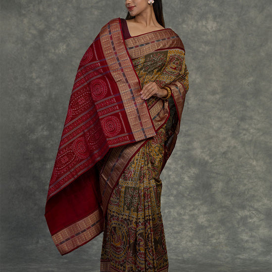 Mustard & Olive Sambalpuri Cotton Ikat Saree - Pallu and anchal detail