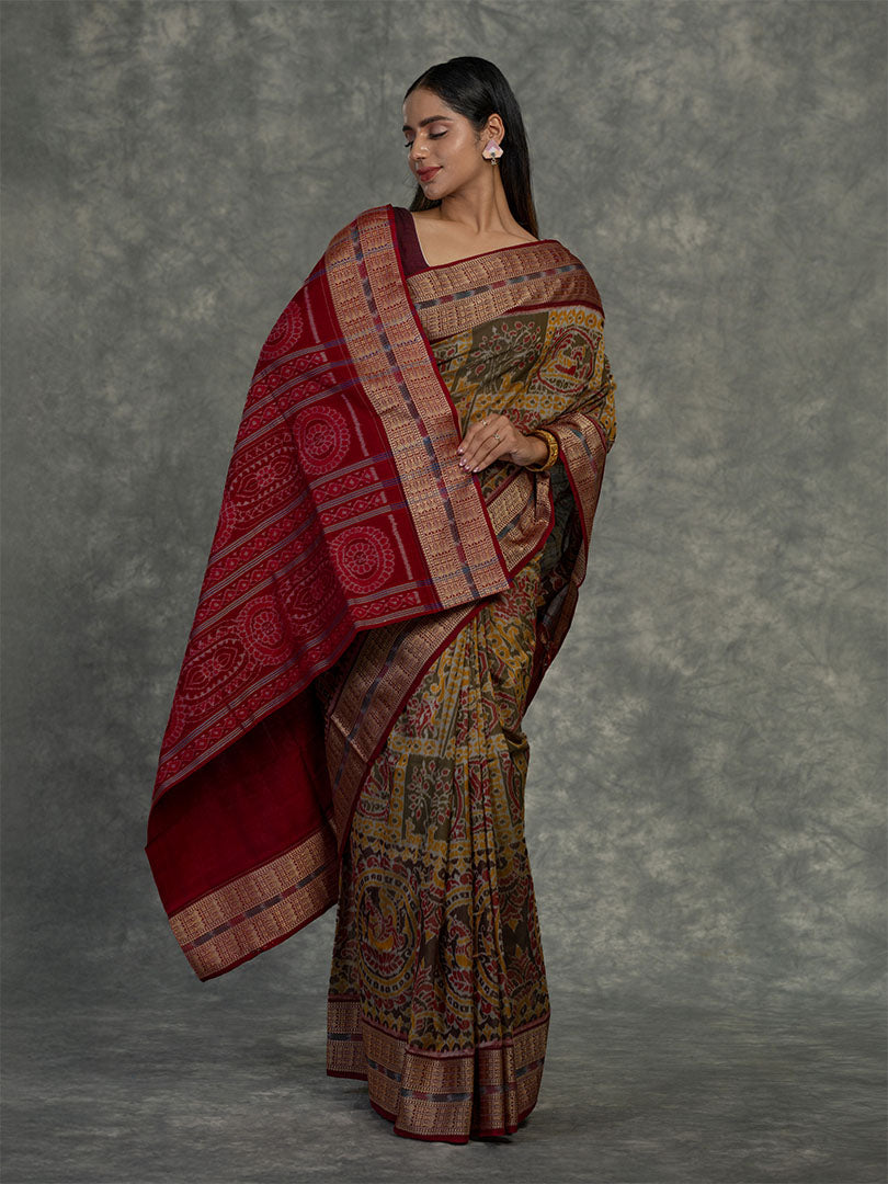Mustard & Olive Sambalpuri Cotton Ikat Saree - Pallu and anchal detail