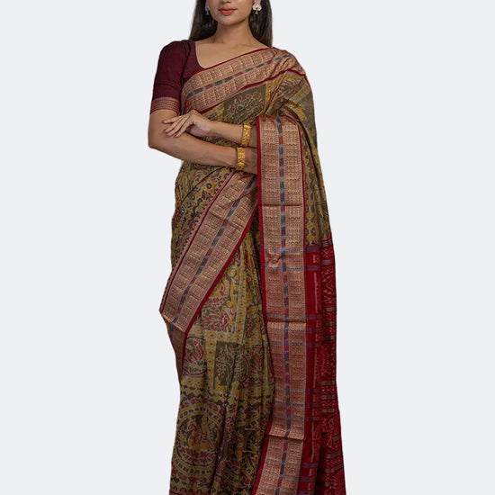 Mustard & Olive Sambalpuri Cotton Ikat Saree - Full drape view
