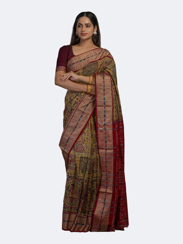 Mustard & Olive Sambalpuri Cotton Ikat Saree - Full drape view