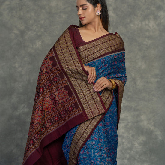 Deep Blue Sambalpuri Cotton Ikat Saree - Border and weave close-up
