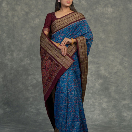 Deep Blue Sambalpuri Cotton Ikat Saree - Fabric texture and drape