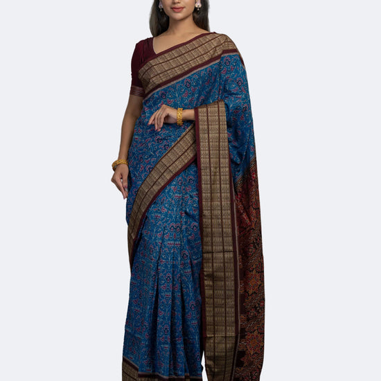 Deep Blue Sambalpuri Cotton Ikat Saree - Full drape view