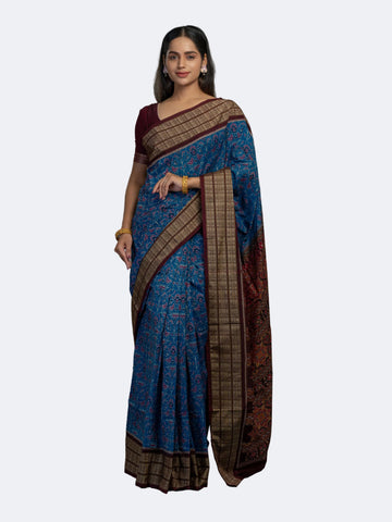 Deep Blue Sambalpuri Cotton Ikat Saree - Full drape view