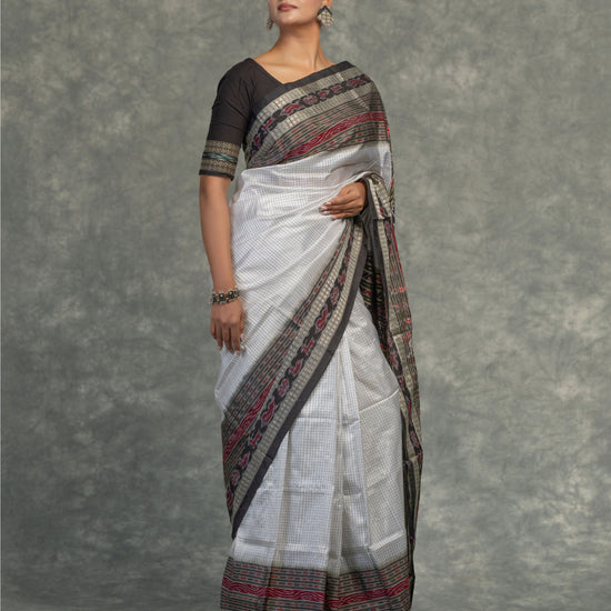 White Sachipar Sambalpuri Mulberry Ikat Saree - Border and weave close-up