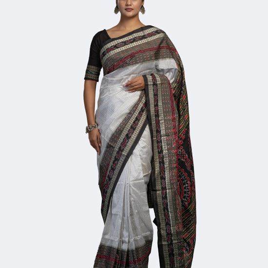 White Sachipar Sambalpuri Mulberry Ikat Saree - Full drape view
