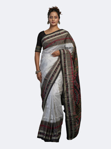 White Sachipar Sambalpuri Mulberry Ikat Saree - Full drape view