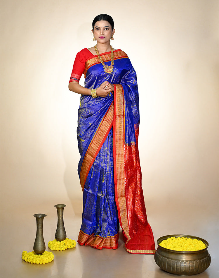 Tissue Bandha Silk Saree – Royal Blue with Red Border | Odisha Ikat | 100% Tissue Silk