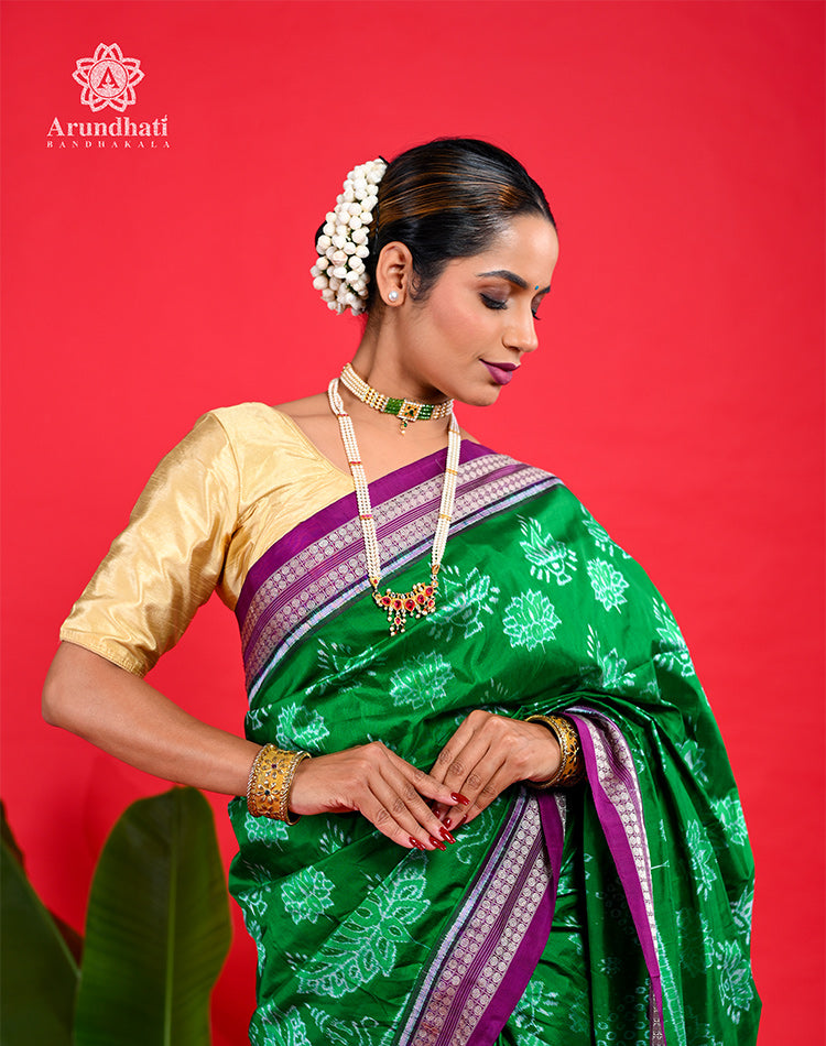 Handwoven Silk Ikat Saree – Green with Purple Border | Odisha Bandha | 100% Pure Silk