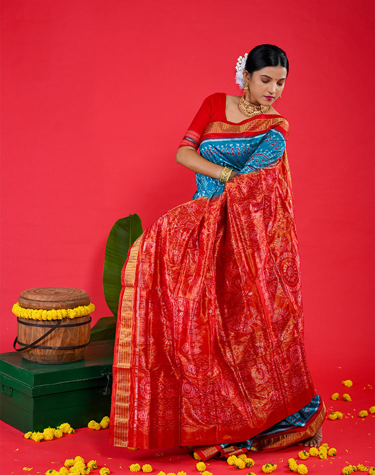 Handwoven Half Tissue Silk Bandha Saree – Blue with Red Border & Pallu, Ikat Weave