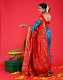Handwoven Half Tissue Silk Bandha Saree – Blue with Red Border & Pallu, Ikat Weave