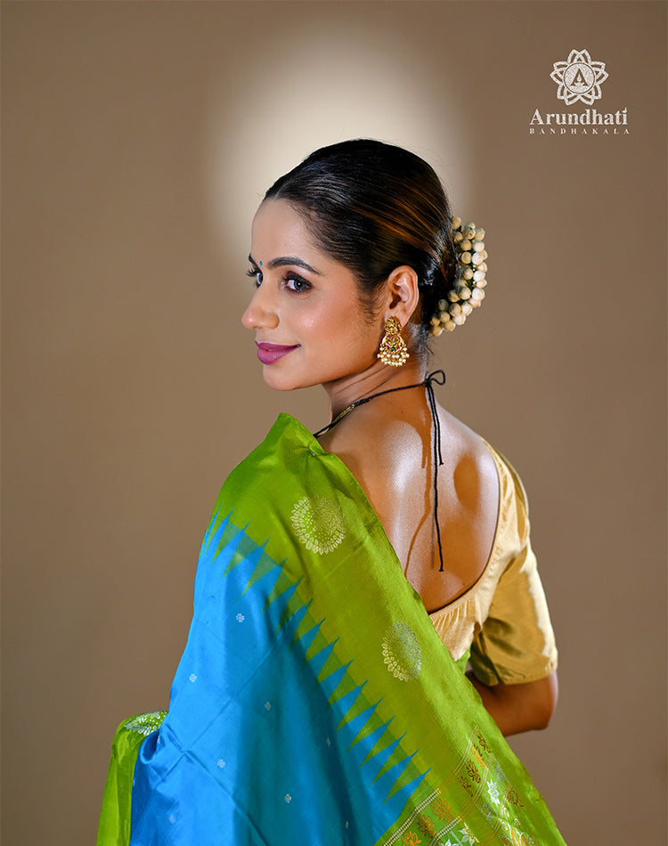 Bomkai Silk Saree – Handwoven Odisha Extra‑Weft, Blue with Green Pallu | 100% Pure Silk