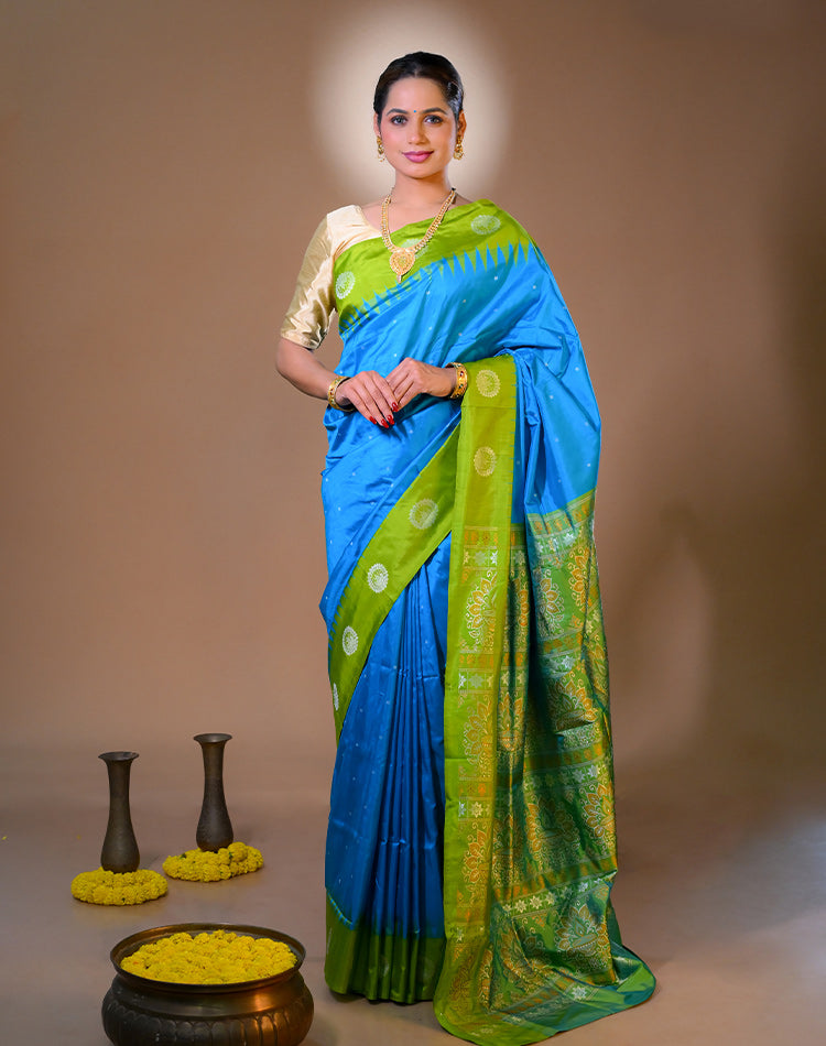 Bomkai Silk Saree – Handwoven Odisha Extra‑Weft, Blue with Green Pallu | 100% Pure Silk
