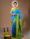 Bomkai Silk Saree – Handwoven Odisha Extra‑Weft, Blue with Green Pallu | 100% Pure Silk