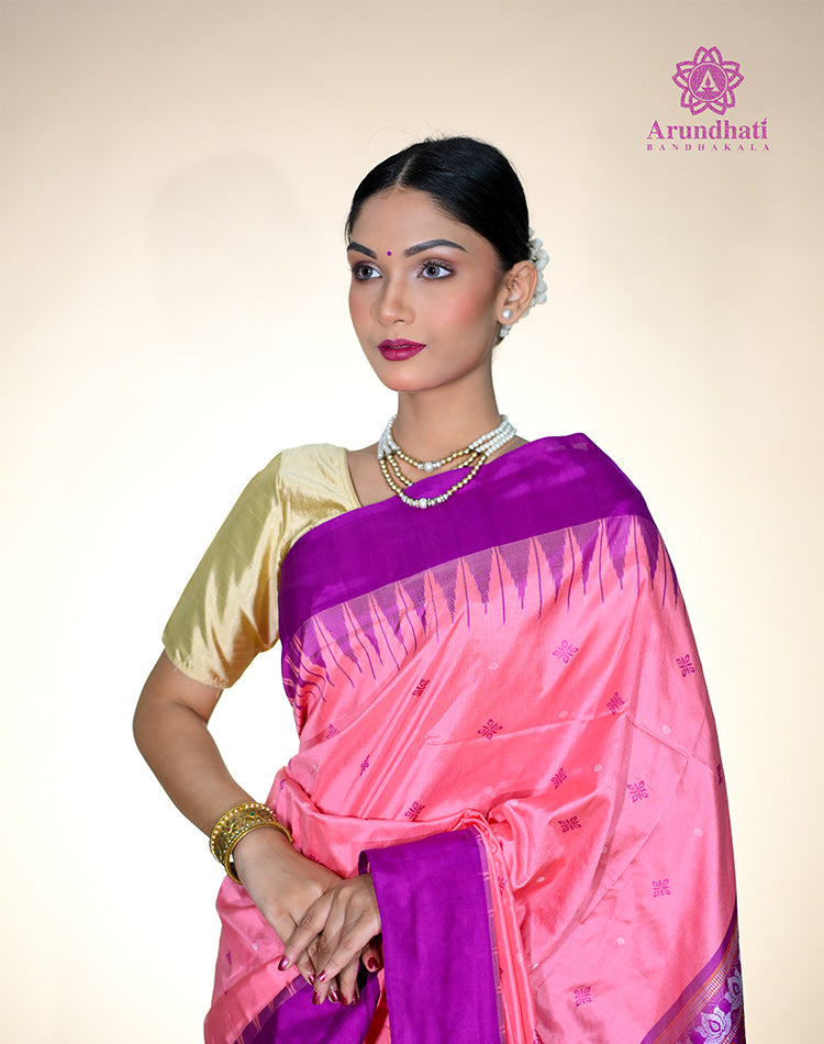 Bomkai Silk Saree – Pink with Purple Border | Odisha Extra‑Weft | 100% Pure Silk